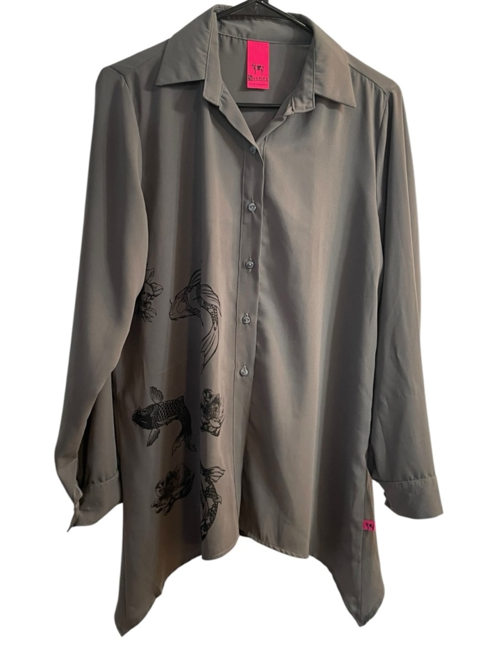 Koi Fish Button Down Shirt Santita Gray Green Asymmetrical Artsy Minimalist M L